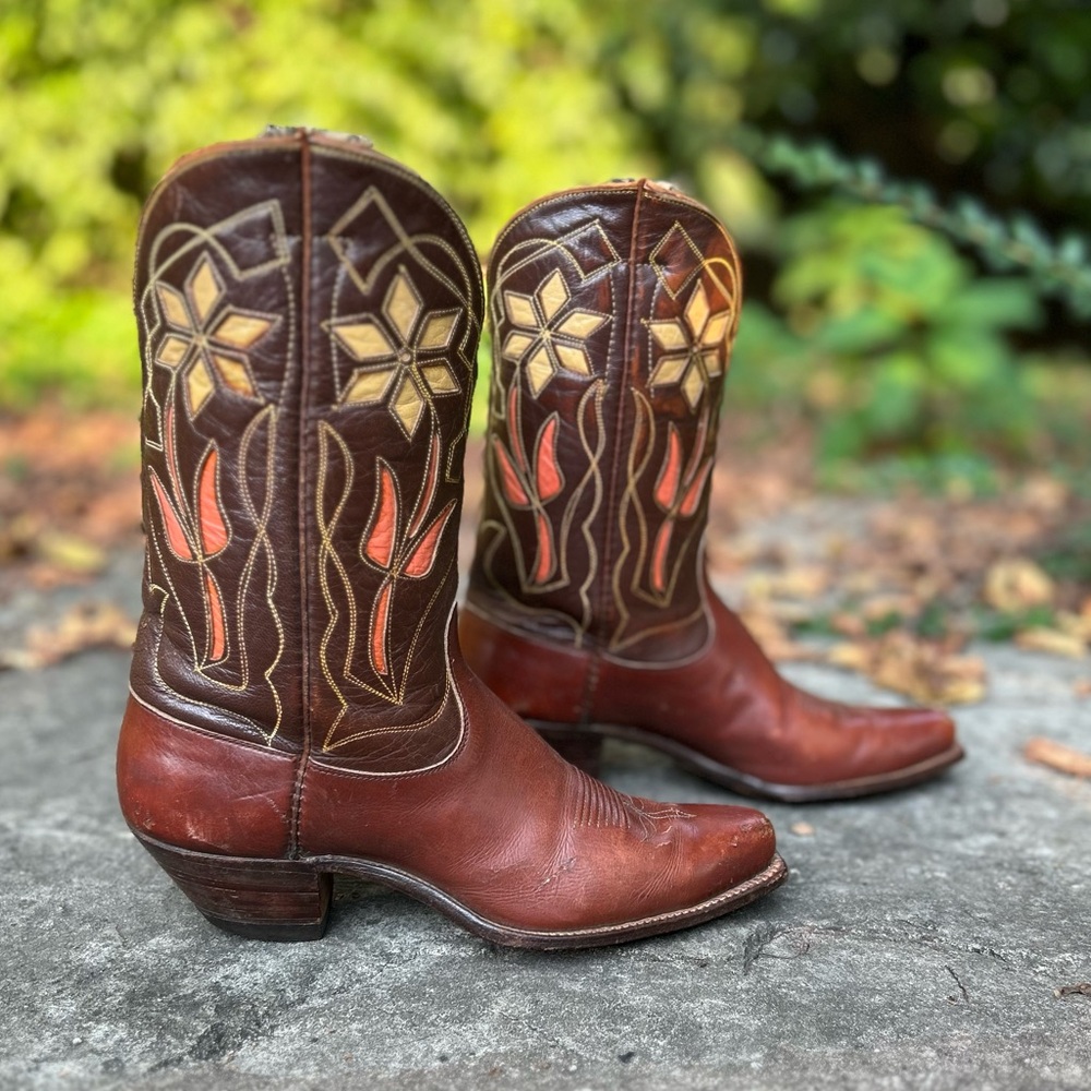 Women’s Size 5.5 M - 1950’s Justin Cowboy Western Boots Inlays Cloth Pulls